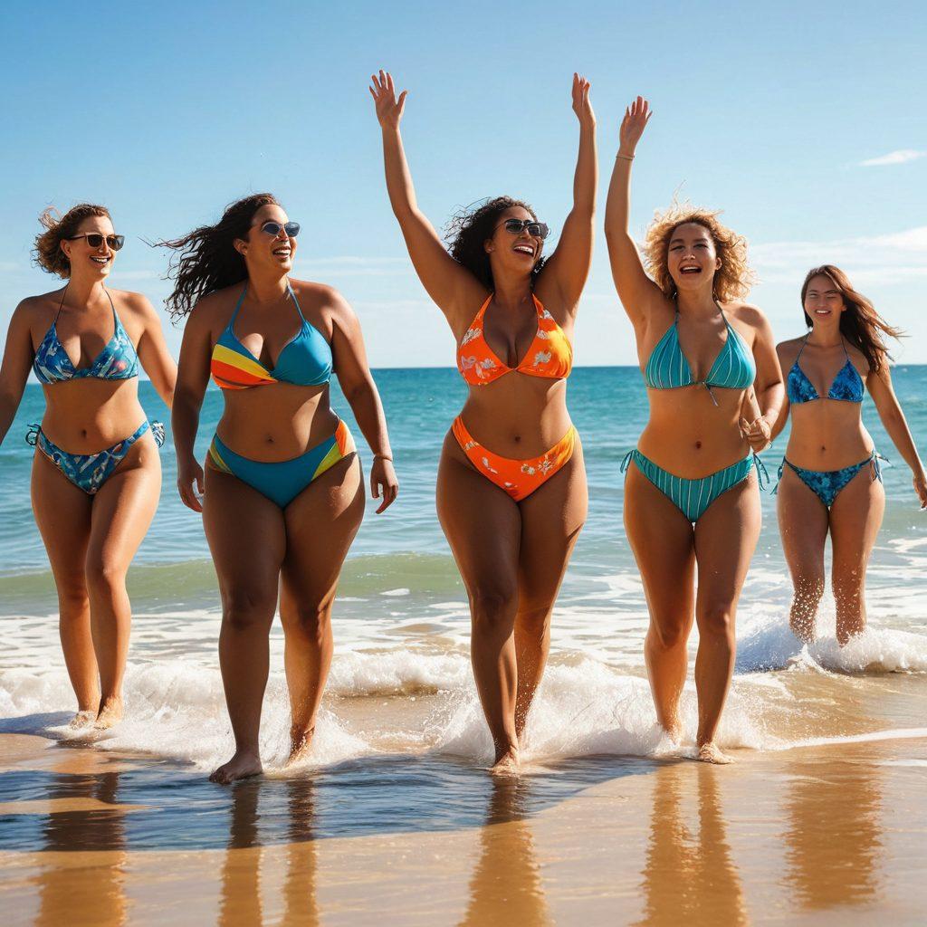 A vibrant beach scene featuring diverse individuals of all shapes and sizes confidently showcasing trendy swimwear under a bright sun. Lively colors, sandy beach, and clear blue waves enhance the feeling of freedom and joy. Include playful interactions like splashing water and beach games to capture the essence of body positivity. super-realistic. vibrant colors. sunny background.