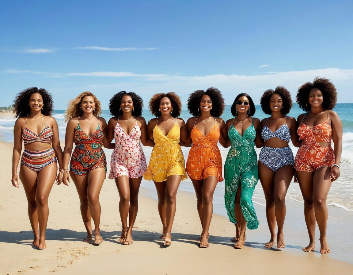 A diverse group of confident individuals showcasing beachwear and glamorous outfits, posing joyfully on a sunlit beach. Incorporate vibrant patterns and colors in the clothing while capturing their radiant smiles and body positivity. The backdrop features soft waves and golden sand, conveying a sense of freedom and celebration. Include elements of photography, like cameras and tripods subtly placed in the scene. super-realistic. vibrant colors. beach setting.